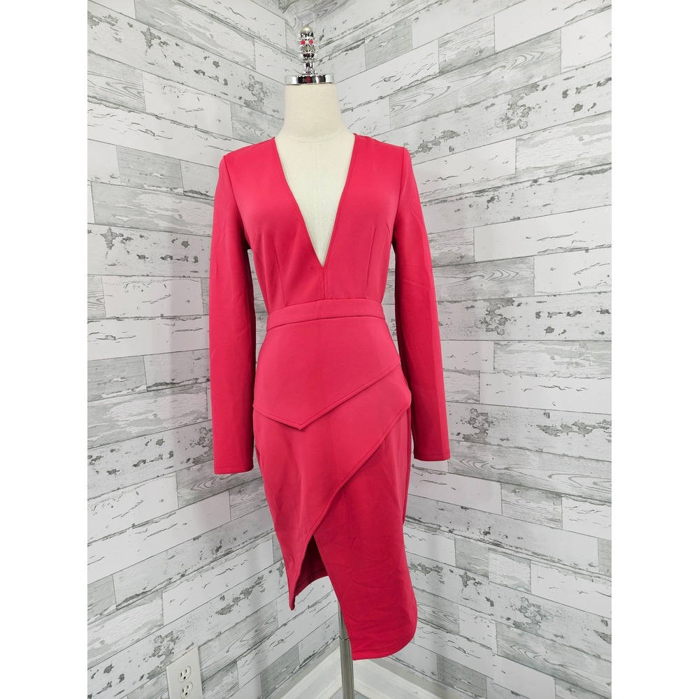 Missguided Pink Plunge V-Neck Long Sleeve Tiered Asymmetrical Midi Dress Size 10